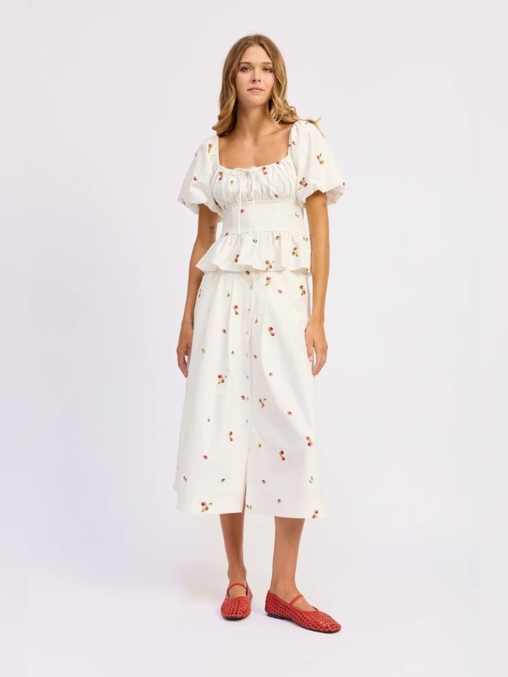 NWT En Saison Strawberry Kiss Peplum Top and Midi Skirt Set in White